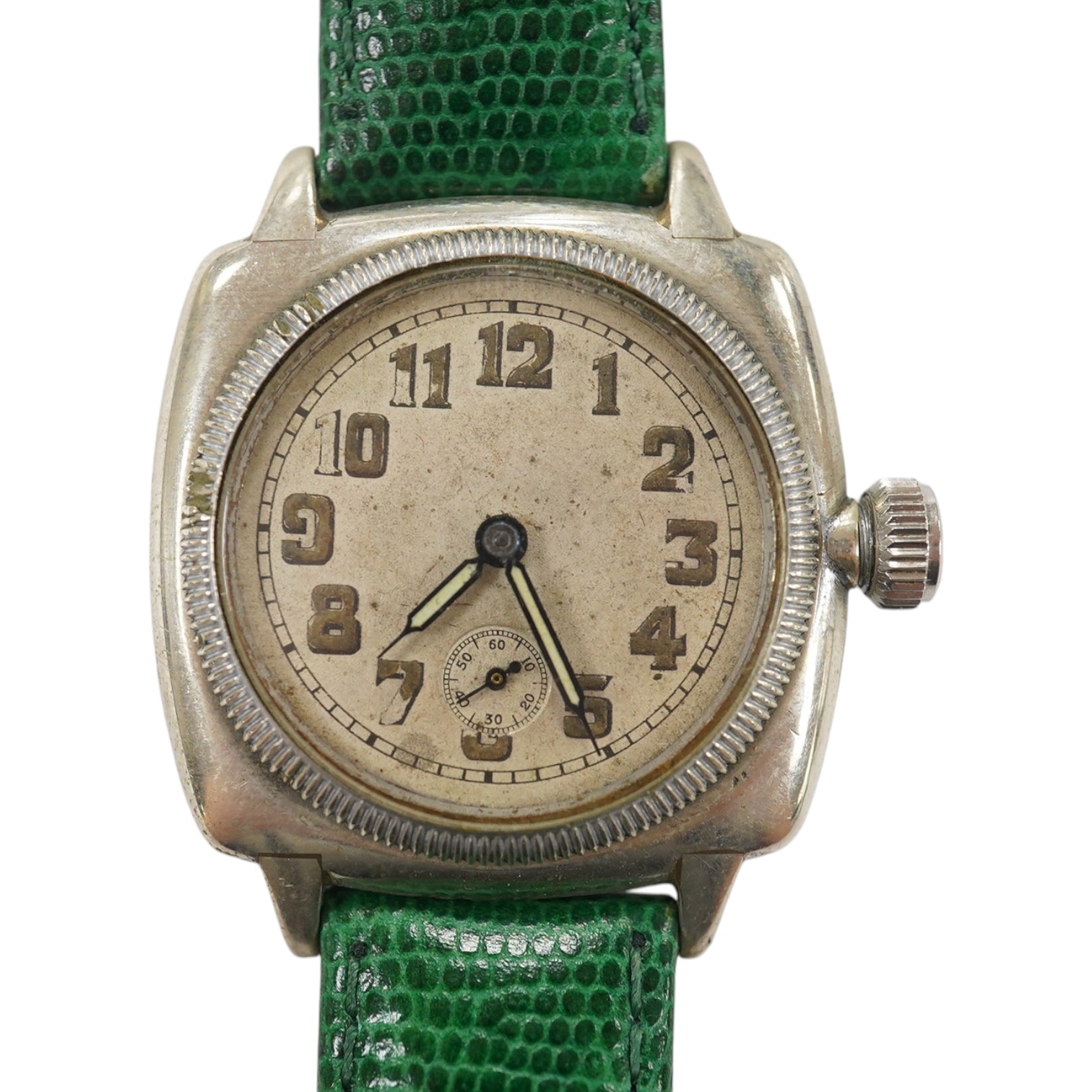 A gentleman's 1930's stainless steel Oyster Watch Co. manual wind wrist watch, with Arabic dial and subsidiary seconds, case diameter 30mm, on a later associated leather strap. Condition - poor